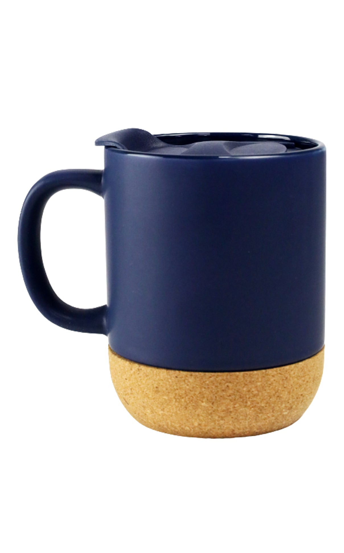 Ceramic Mug with Cork Bottom in navy blue with handle and lid, designed for heat insulation and stylish use