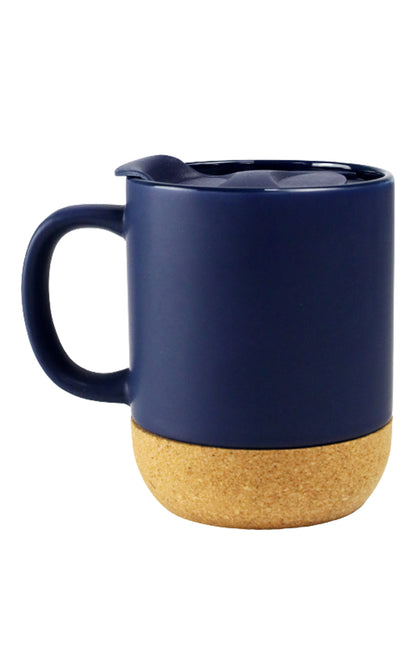 Ceramic Mug with Cork Bottom in navy blue with handle and lid, designed for heat insulation and stylish use