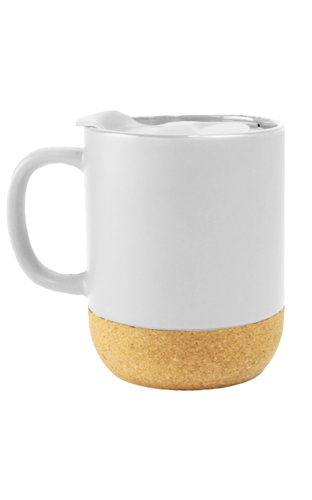 White ceramic mug with handle and cork bottom for insulation and grip, Ceramic Mug with Cork Bottom