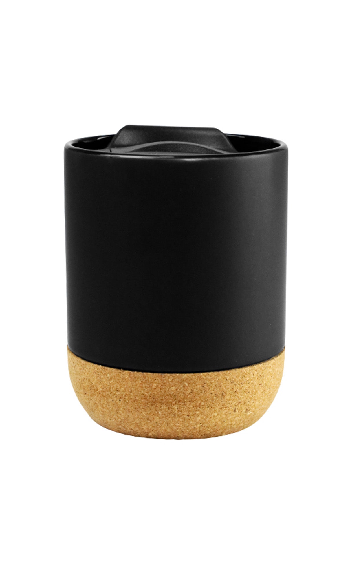 Black ceramic mug with cork bottom and spill-resistant lid designed for stylish and eco-friendly use Ceramic Mug with Cork Bottom