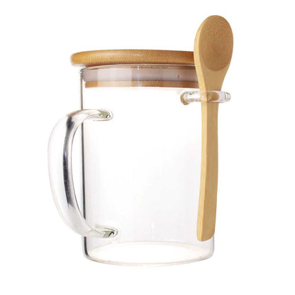 Clear Glass Mug with Bamboo Lid and Spoon - Novelty
