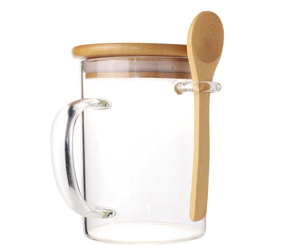 Clear Glass Mug with Bamboo Lid and Spoon - Novelty