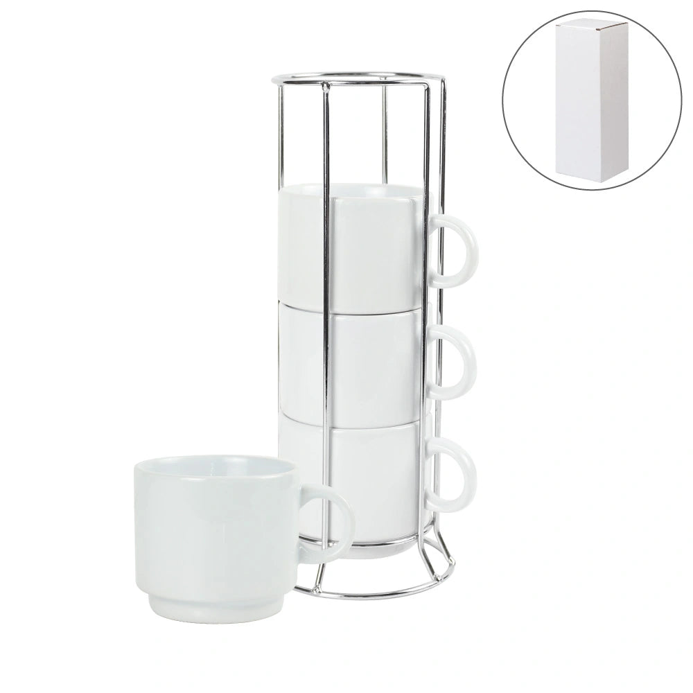 Ceramic Coffee Cups Set 4Pcs in Silver Metal Rack - Novelty