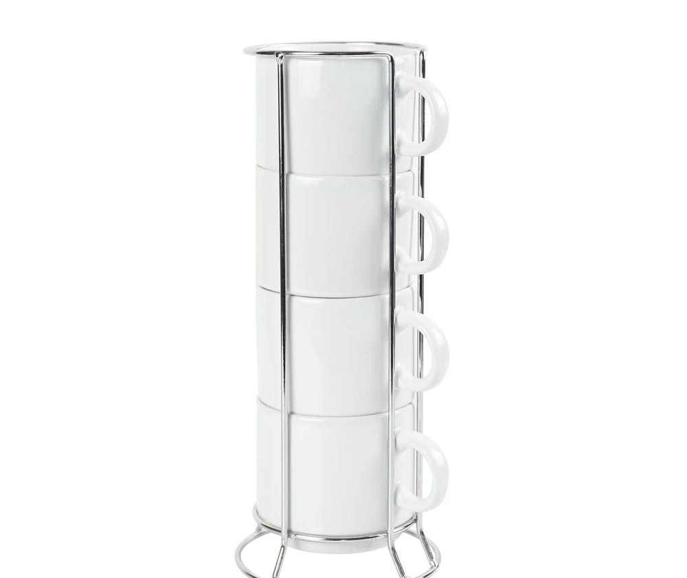 Ceramic Coffee Cups Set 4Pcs in Silver Metal Rack - Novelty