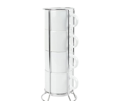 Ceramic Coffee Cups Set 4Pcs in Silver Metal Rack - Novelty