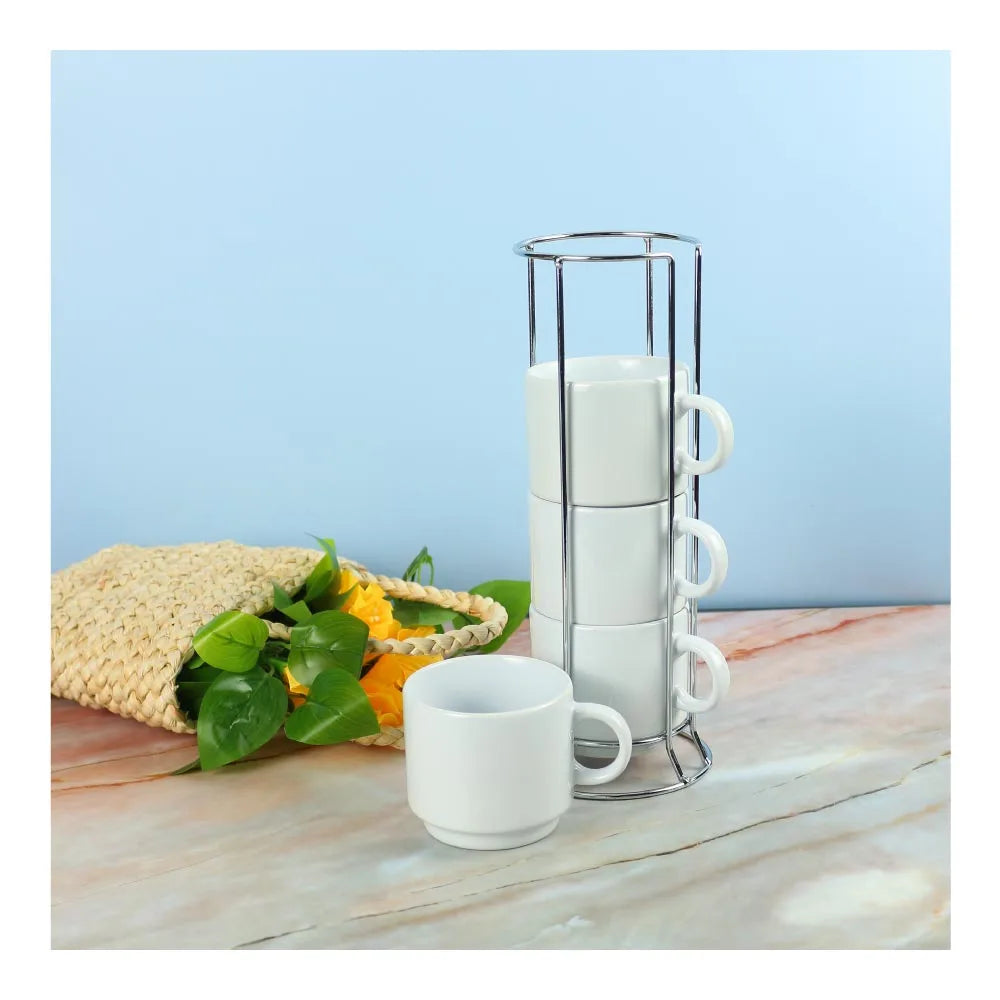 Ceramic Coffee Cups Set 4Pcs in Silver Metal Rack - Novelty