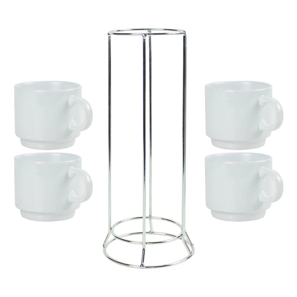 Ceramic Coffee Cups Set 4Pcs in Silver Metal Rack - Novelty