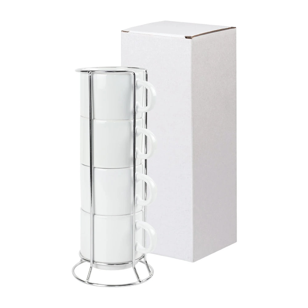 Ceramic Coffee Cups Set 4Pcs in Silver Metal Rack - Novelty