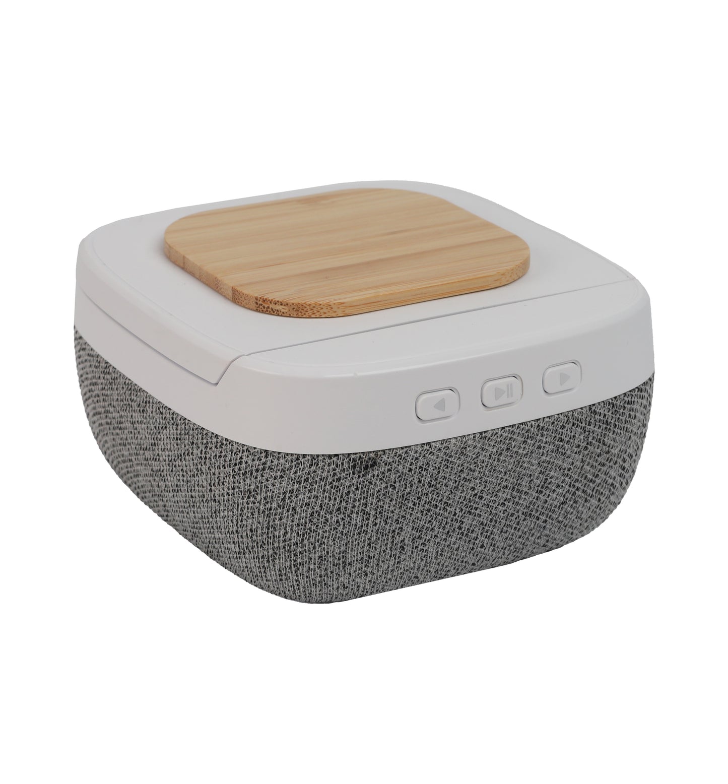 Bluetooth Speaker with Wireless Charging featuring fabric speaker body and wooden wireless charging pad with control buttons on the side