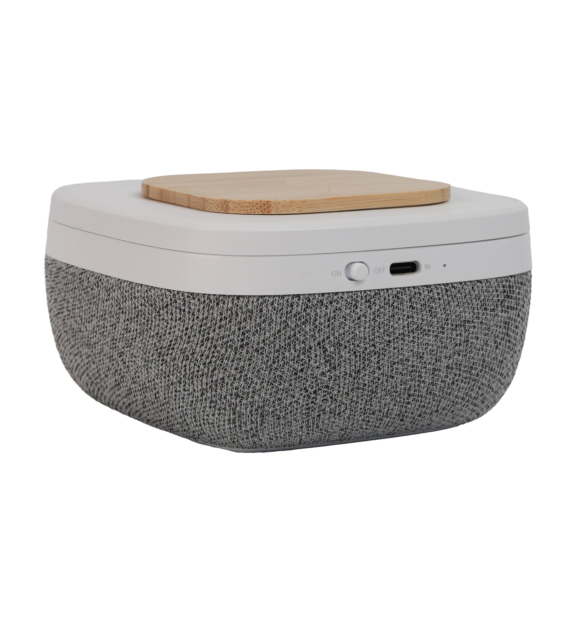 Bluetooth Speaker with Wireless Charging in gray fabric with wooden top and power switch on the side