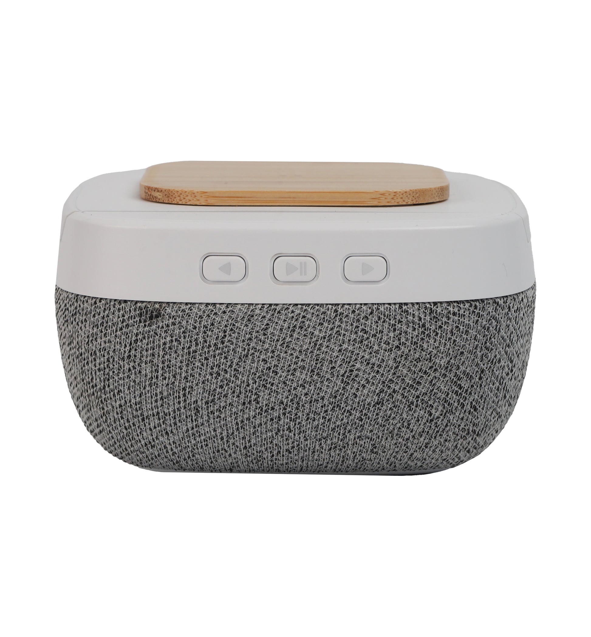 Bluetooth Speaker with Wireless Charging featuring fabric texture, play/pause and volume control buttons, and wooden charging pad on top