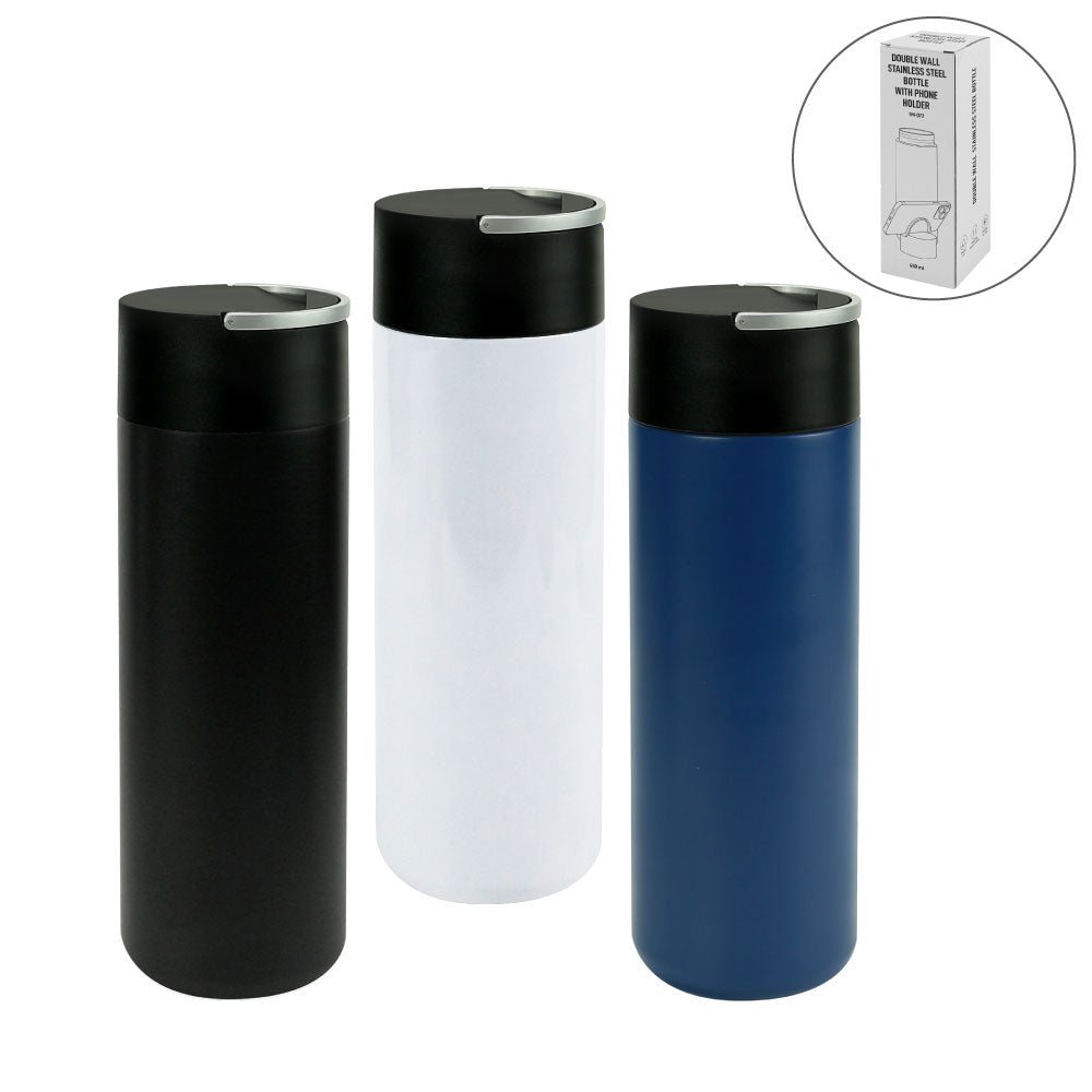 Double Wall SS Bottles, Twist-off Lid with Phone Holder 600ml - Novelty