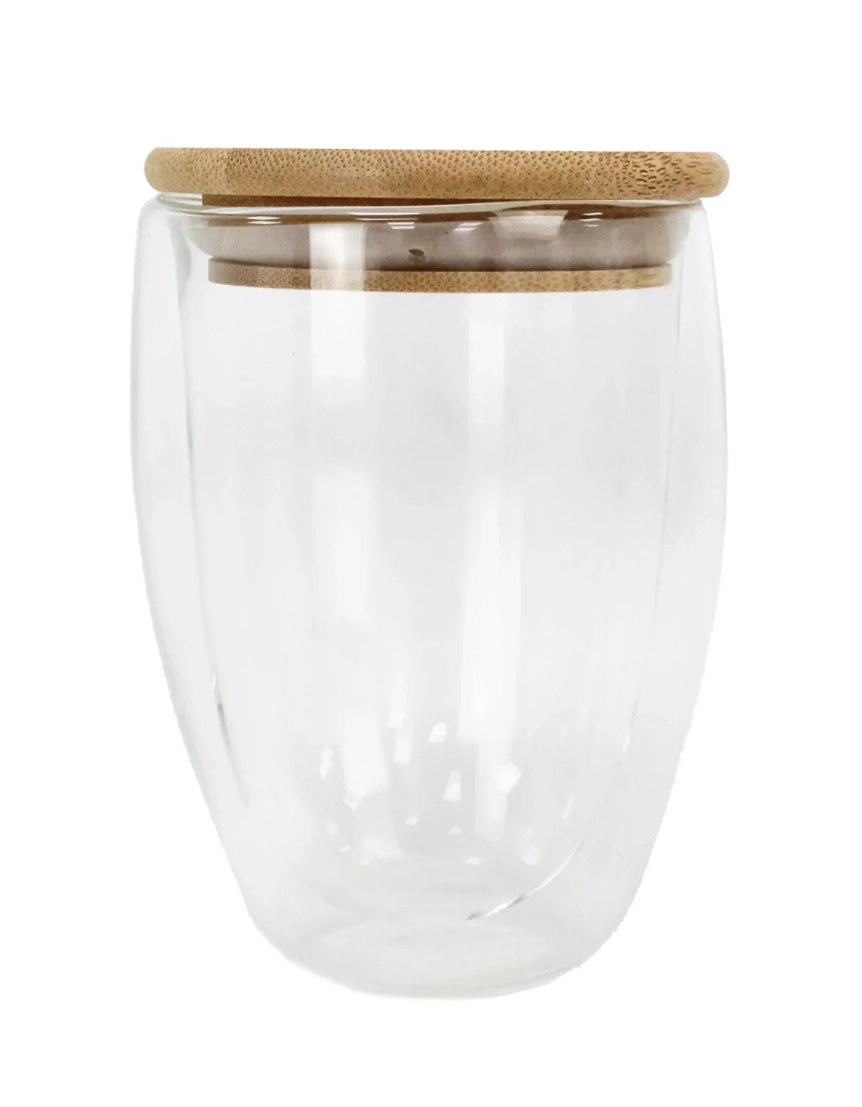 Double Wall 350ml Glass Tumbler with a clear glass body and a natural wooden lid, perfect for hot or cold drinks.