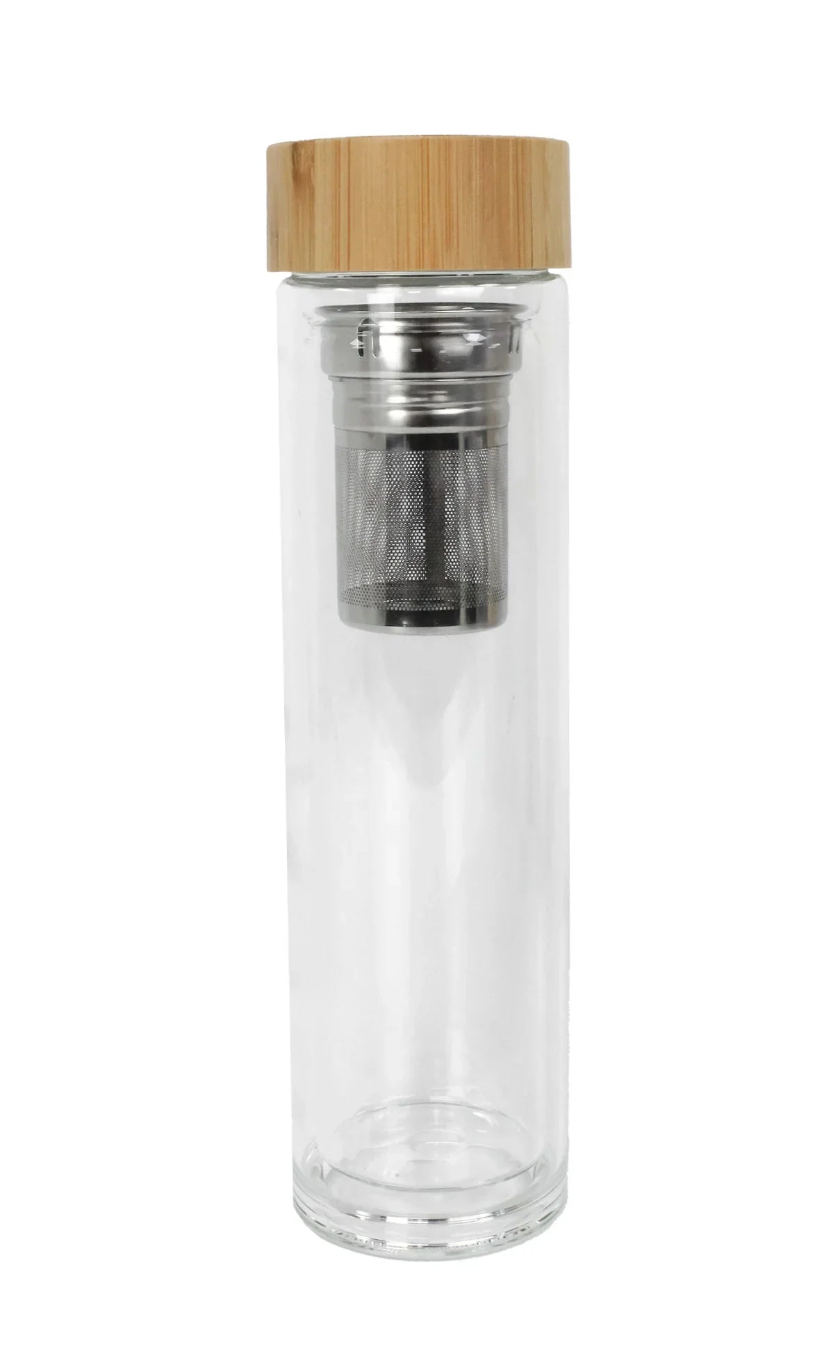 Clear double wall glass bottle with bamboo lid and built-in stainless steel infuser for tea or fruit infusion