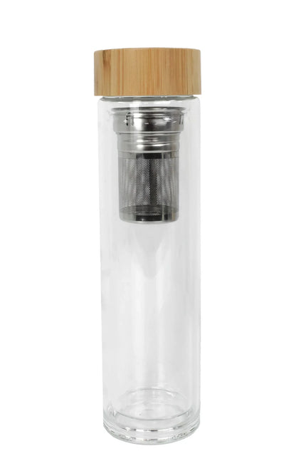 Clear double wall glass bottle with bamboo lid and built-in stainless steel infuser for tea or fruit infusion