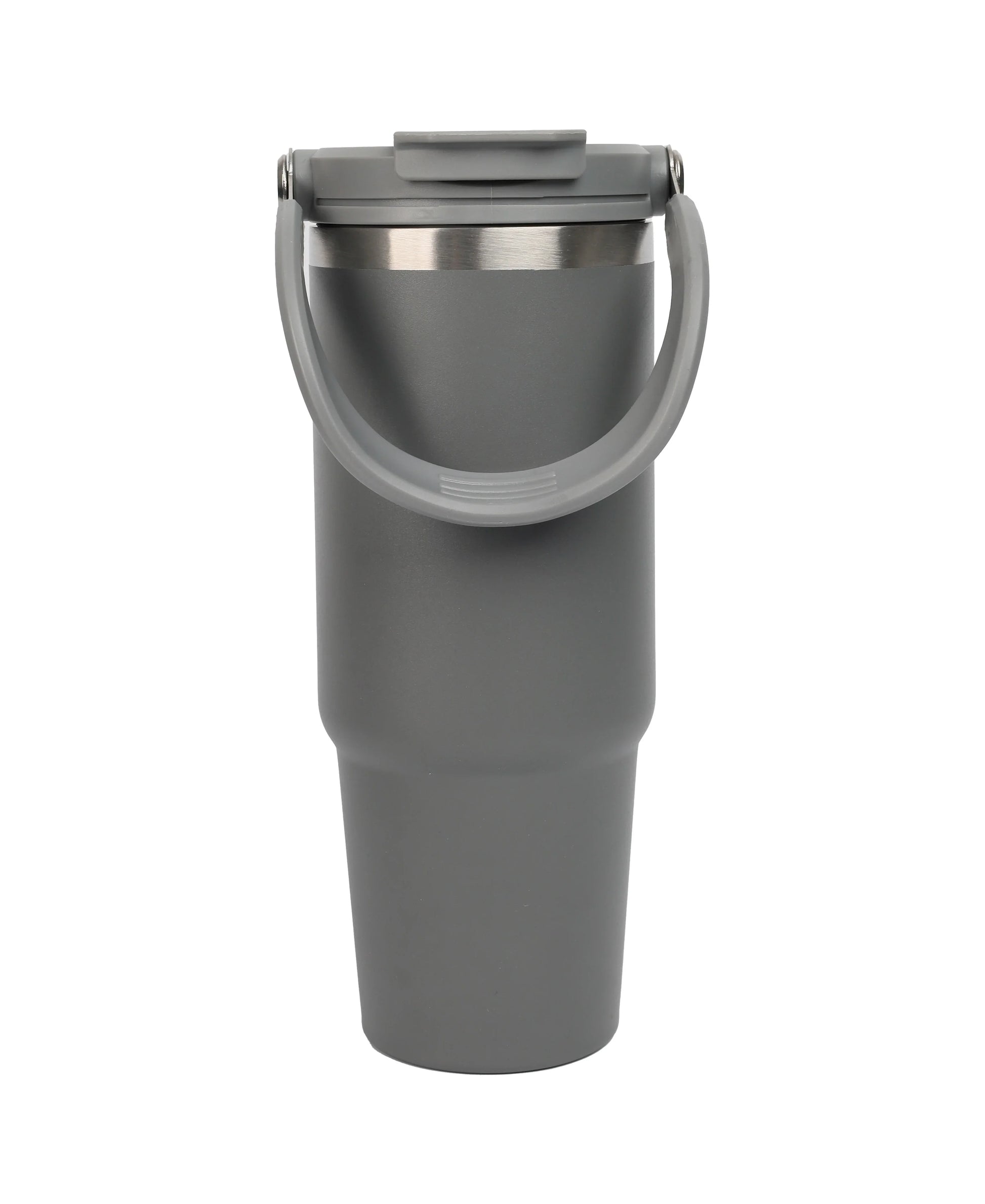 Gray insulated travel cup with detachable handle and secure lid for easy carrying Double Wall Stainless Steel Tumbler