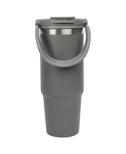 Gray insulated travel cup with detachable handle and secure lid for easy carrying Double Wall Stainless Steel Tumbler