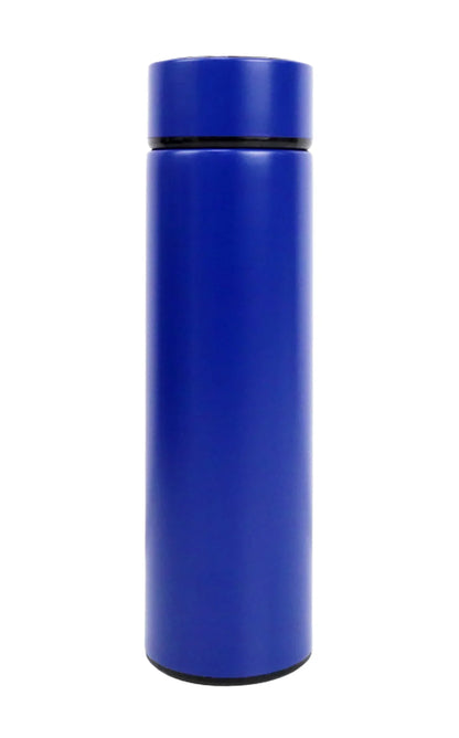 Sleek blue Double Wall Thermometer Bottle 500ml designed to keep beverages hot or cold for extended periods.