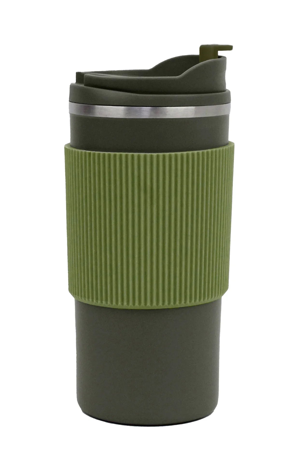Double Wall Tumbler with Silicon Grip 500ml in olive green with textured grip and spill-proof lid for hot and cold drinks.