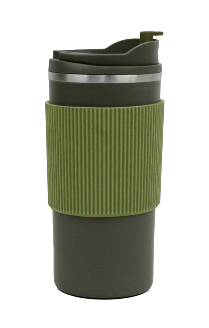 Double Wall Tumbler with Silicon Grip 500ml in olive green with textured grip and spill-proof lid for hot and cold drinks.