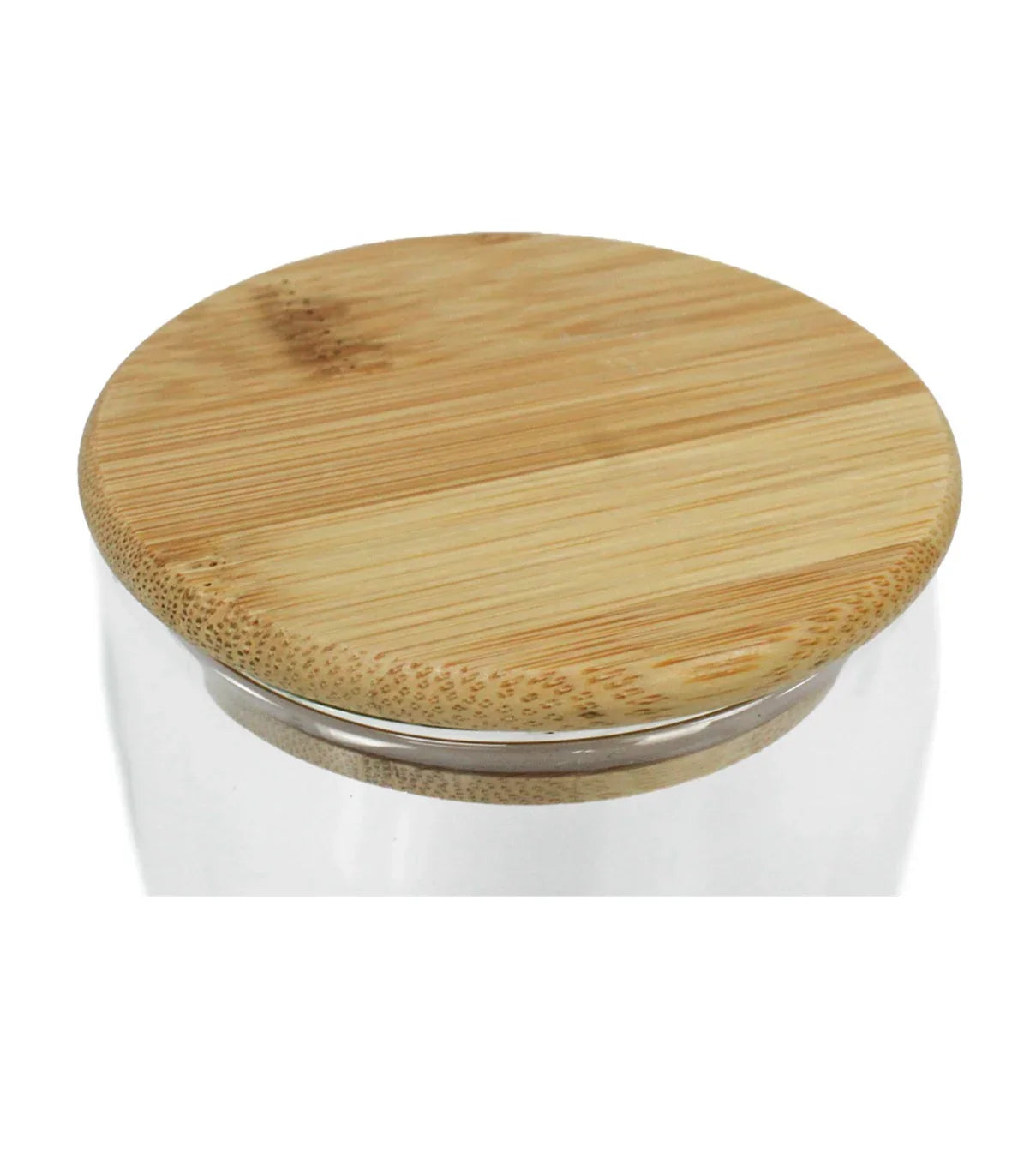 Close-up of a wooden lid on a Double Wall 350ml Glass Tumbler with a smooth natural finish and clear glass rim visible beneath.