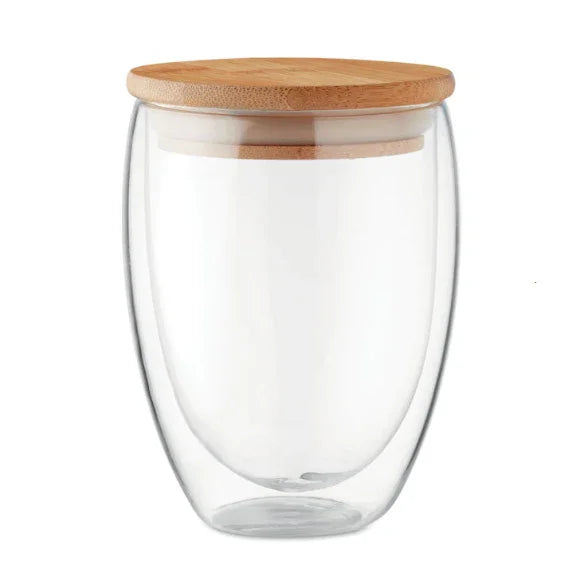 Double Wall 350ml Glass Tumbler with clear insulated glass and a natural wooden lid for stylish beverage serving.