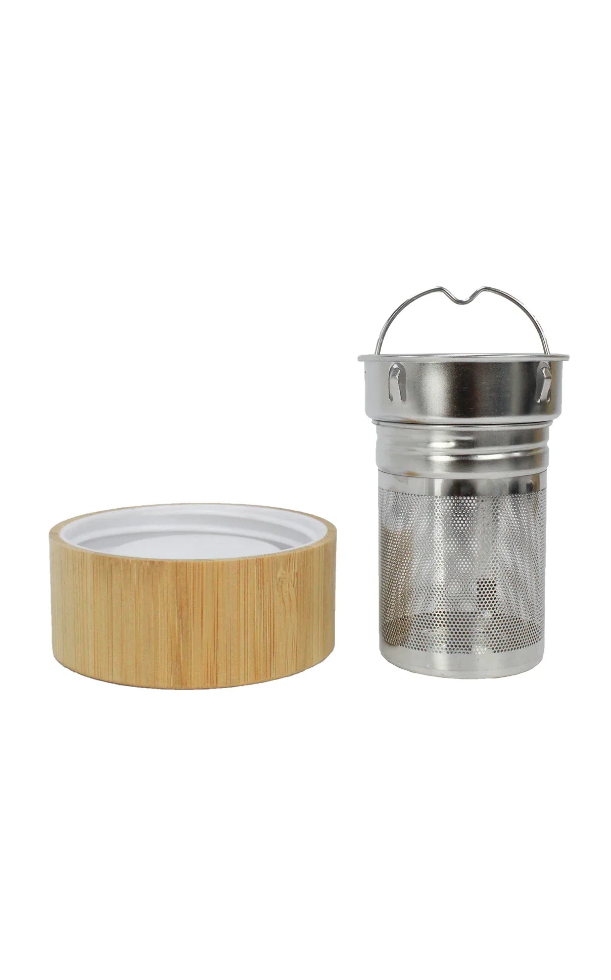 Double Wall Glass Bottle bamboo lid and stainless steel infuser for loose leaf tea or herbs on white background