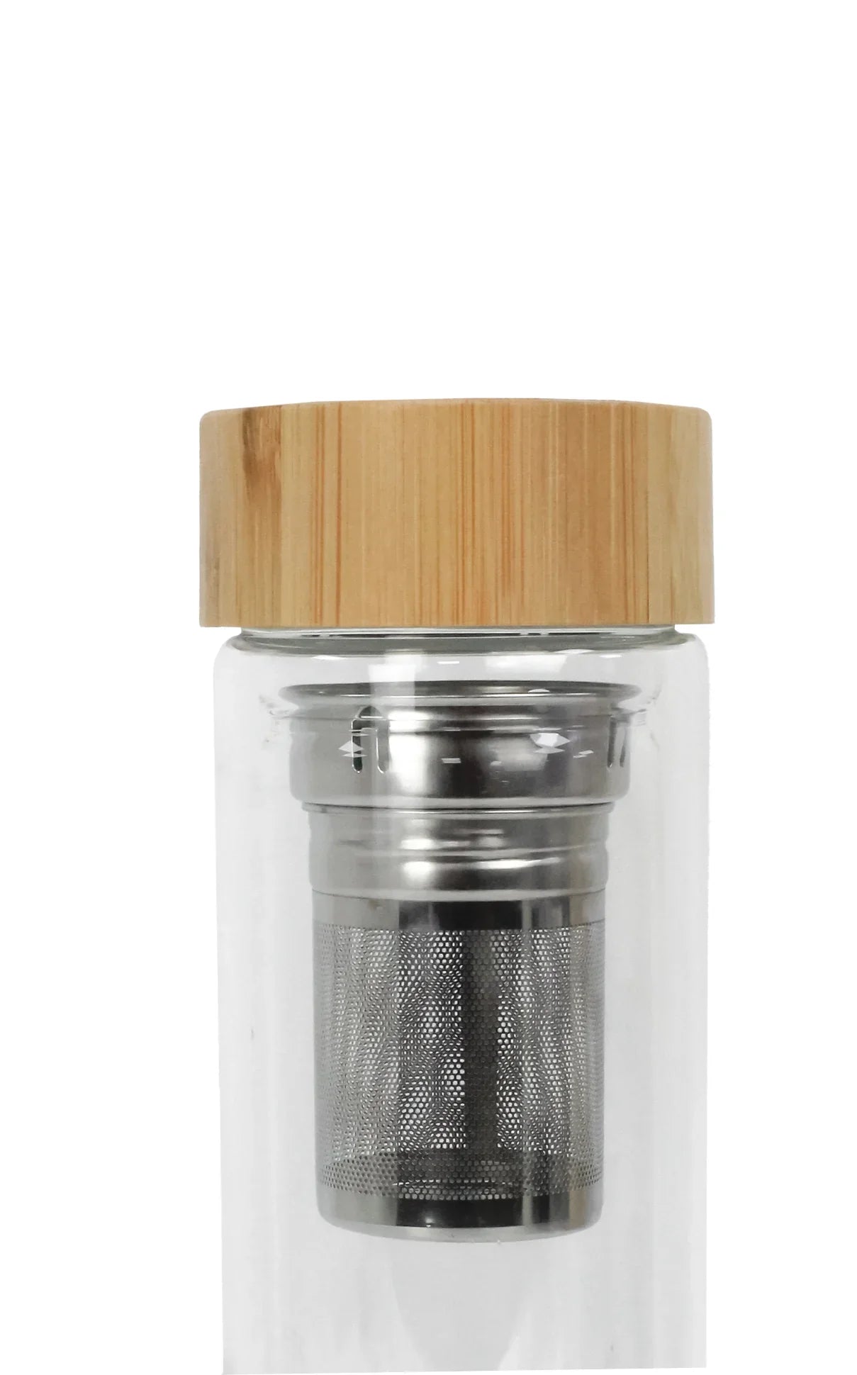 Double Wall Glass Bottle with bamboo lid and stainless steel infuser for brewing tea or infused drinks