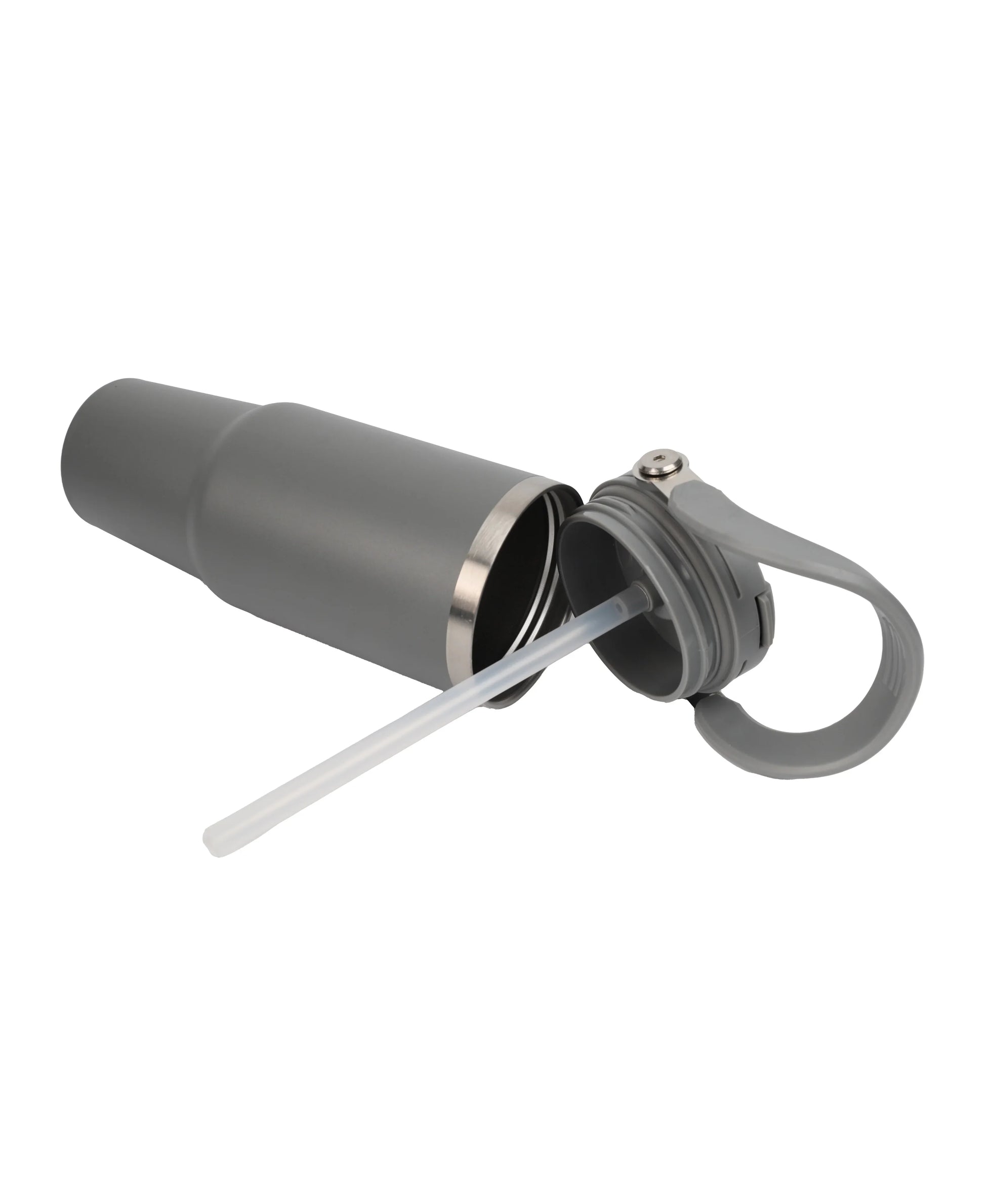Double Wall Stainless Steel Tumbler in matte gray with removable lid and built-in straw for easy drinking on the go