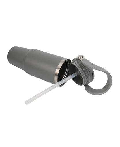 Double Wall Stainless Steel Tumbler in matte gray with removable lid and built-in straw for easy drinking on the go