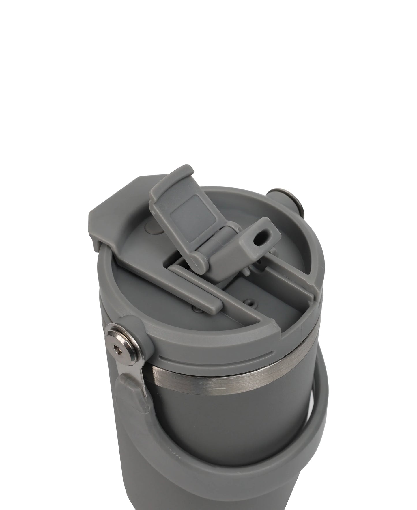 Close-up of a gray Double Wall Stainless Steel Tumbler with a secure flip-top lid and carrying handle.