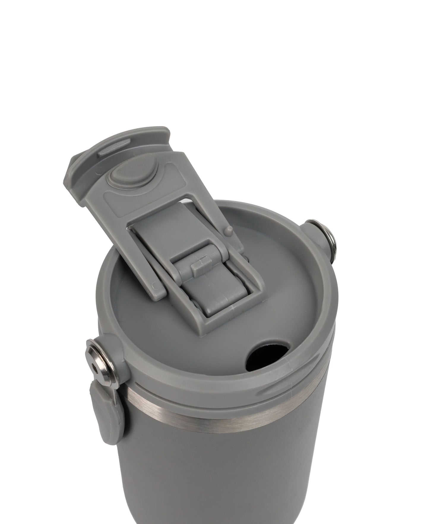 Double Wall Stainless Steel Tumbler with gray flip-top lid and locking clasp for secure, spill-resistant drinking on the go