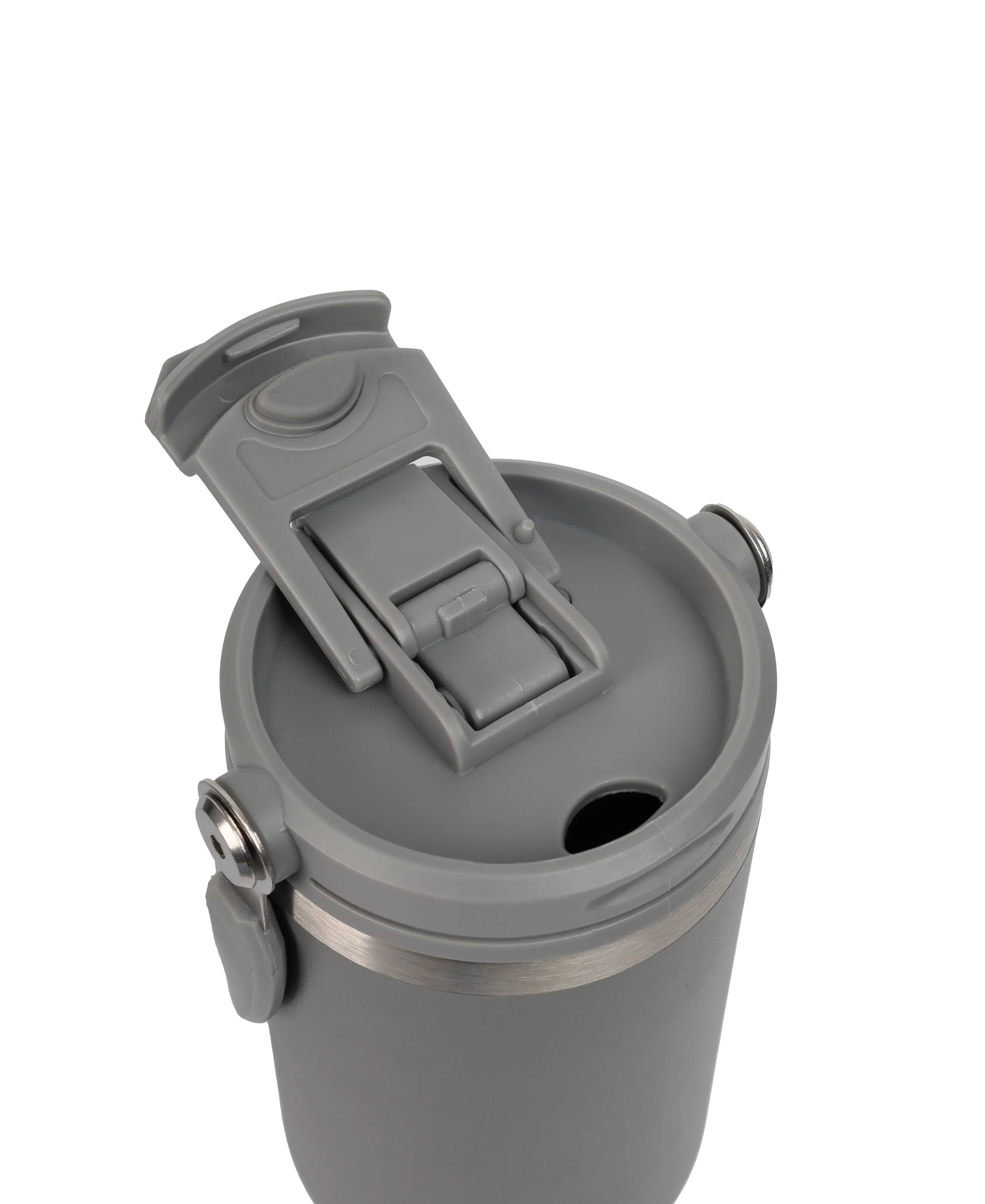 Double Wall Stainless Steel Tumbler with gray flip-top lid and locking clasp for secure, spill-resistant drinking on the go