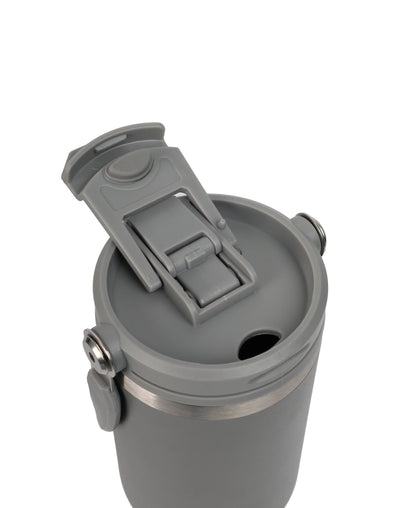 Double Wall Stainless Steel Tumbler with gray flip-top lid and locking clasp for secure, spill-resistant drinking on the go