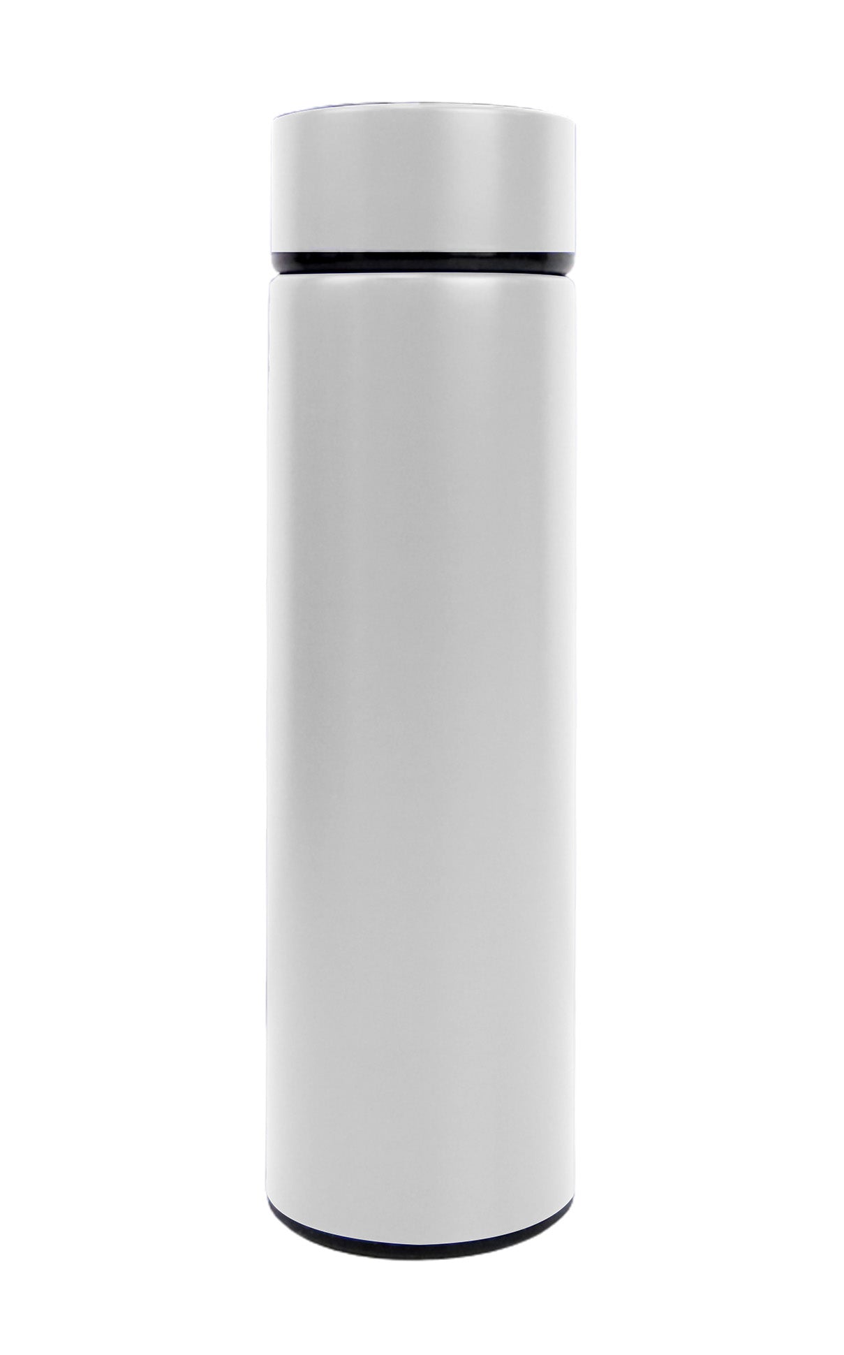 White sleek insulated Double Wall Thermometer Bottle 500ml standing upright on a white background
