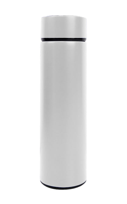 White sleek insulated Double Wall Thermometer Bottle 500ml standing upright on a white background