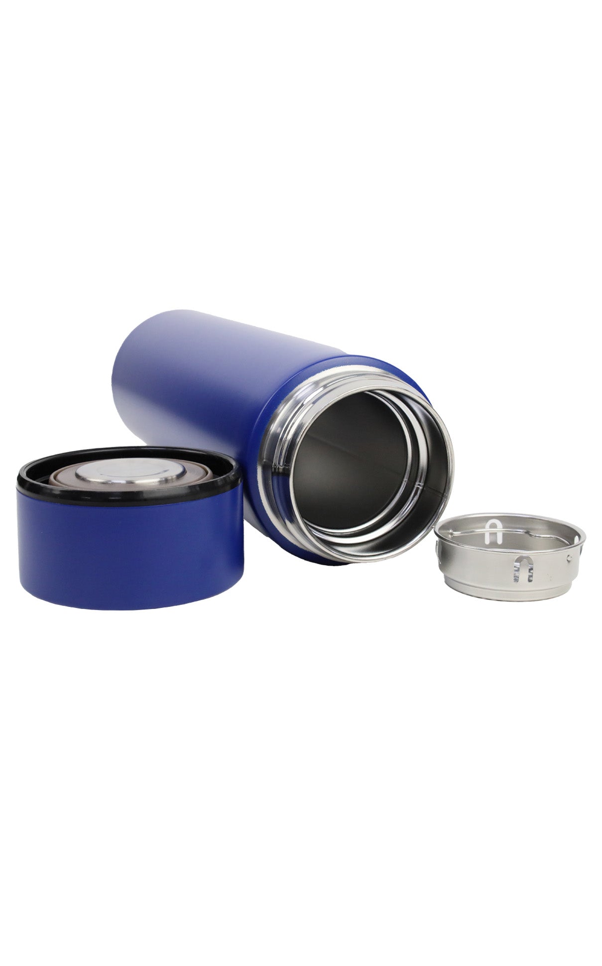 Blue Double Wall Thermometer Bottle 500ml with open lid showing stainless steel interior and detachable strainer