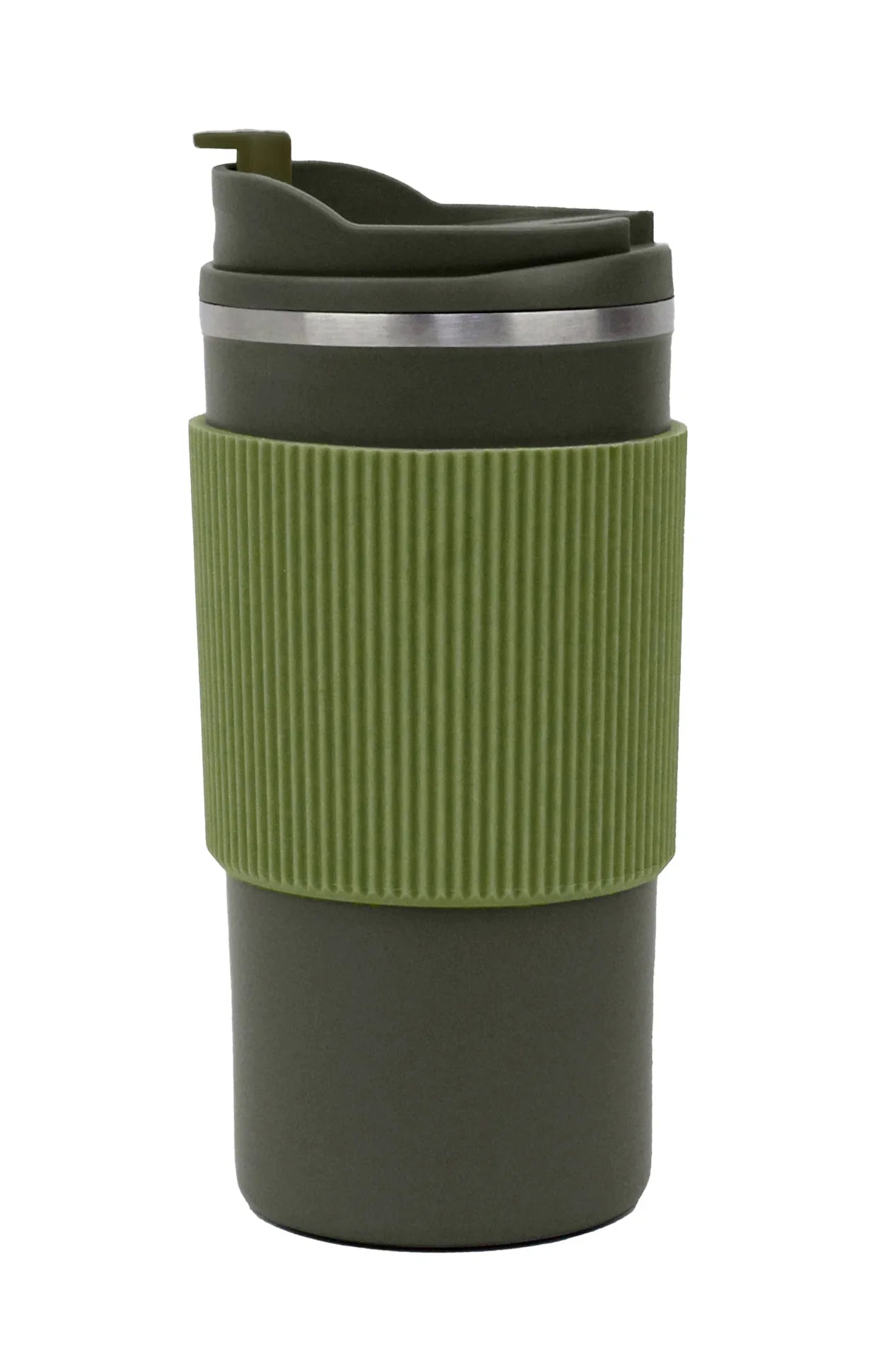 Double Wall Tumbler with Silicon Grip 500ml in olive green with spill-proof lid and ribbed silicone grip for easy handling.
