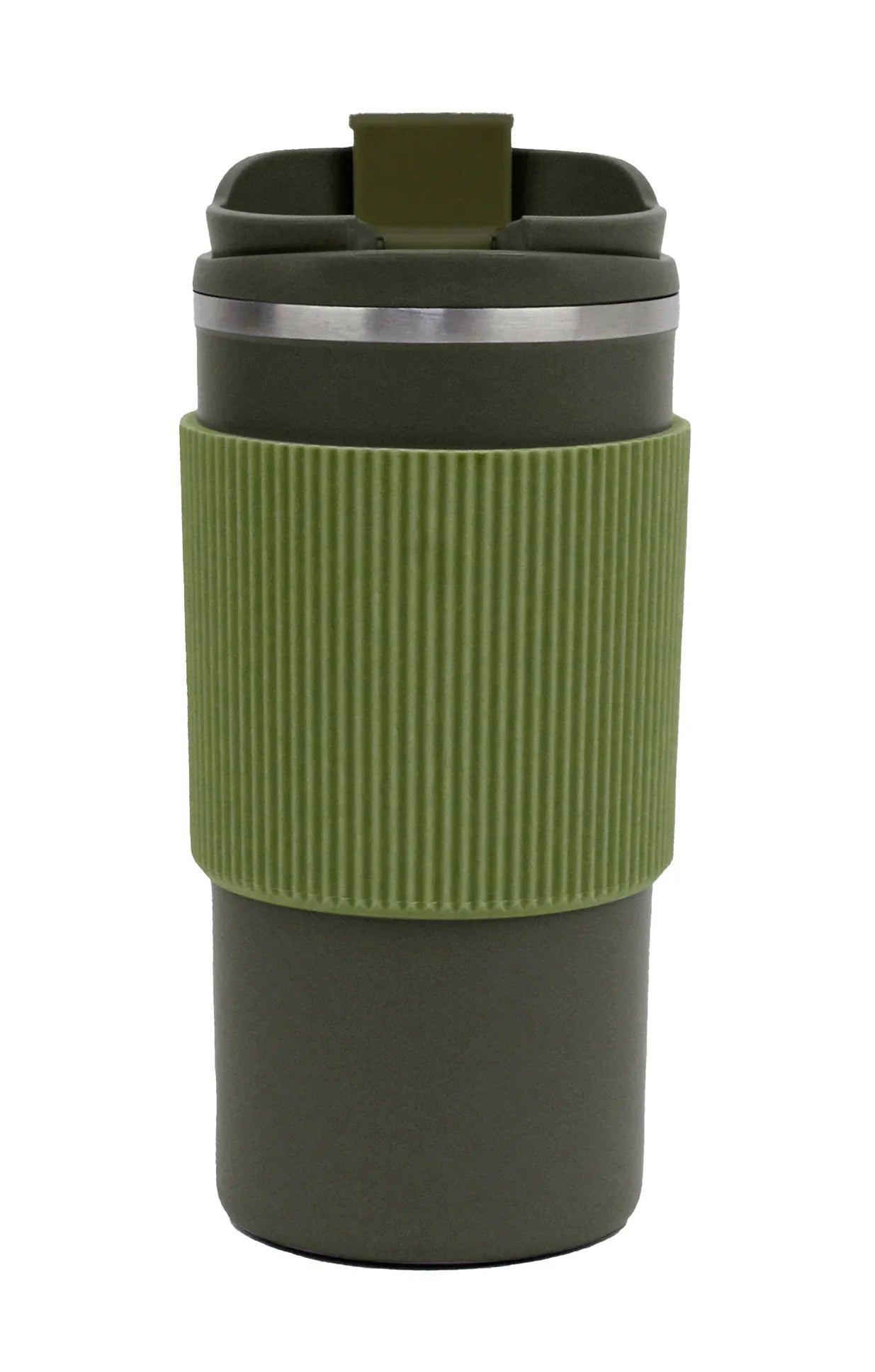 Double Wall Tumbler with Silicon Grip 500ml in green with spill-resistant lid and textured grip for comfortable holding