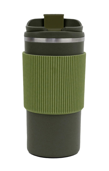 Double Wall Tumbler with Silicon Grip 500ml in green with spill-resistant lid and textured grip for comfortable holding