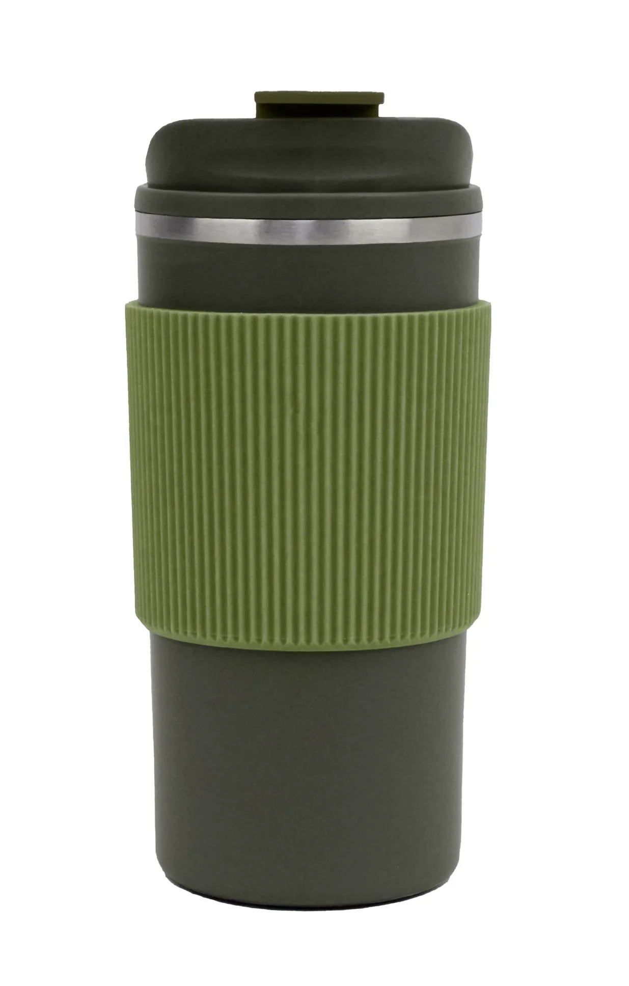 Double Wall Tumbler with Silicon Grip 500ml in olive green with ribbed grip and secure lid for hot or cold drinks.