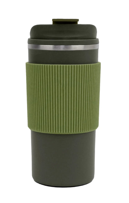 Double Wall Tumbler with Silicon Grip 500ml in olive green with ribbed grip and secure lid for hot or cold drinks.