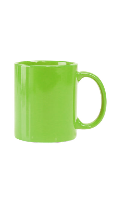 Bright green ceramic mug with handle showcasing the Full Colour Mug-Glossy finish and smooth surface