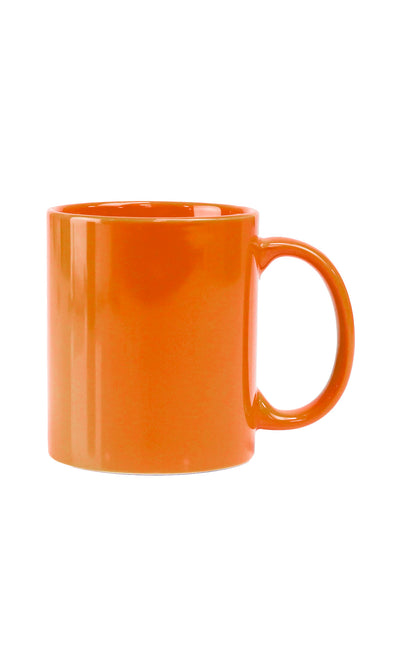 Bright orange ceramic mug with a glossy finish and a classic handle, showcasing the Full Colour Mug-Glossy design