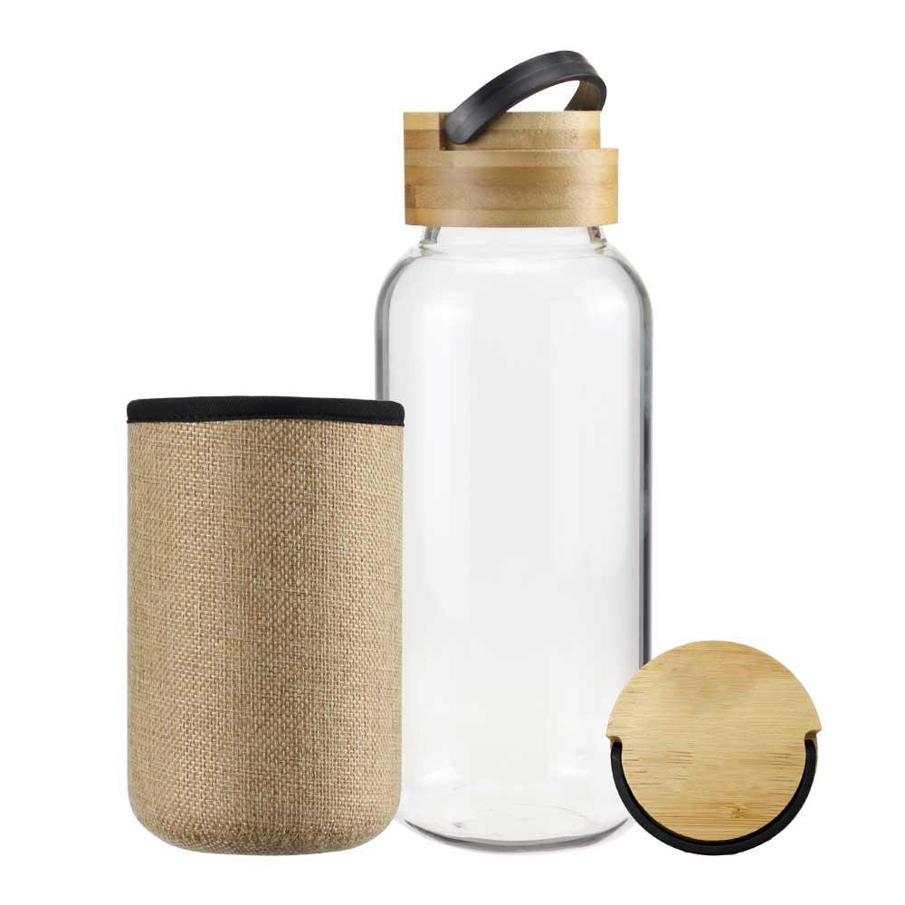 Glass Bottles with Bamboo Lid and Eco Sleeve, 1 liter - Novelty