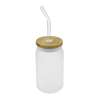 Glass Bottle with Straw and Bamboo Lid 455 ml Capacity - Novelty