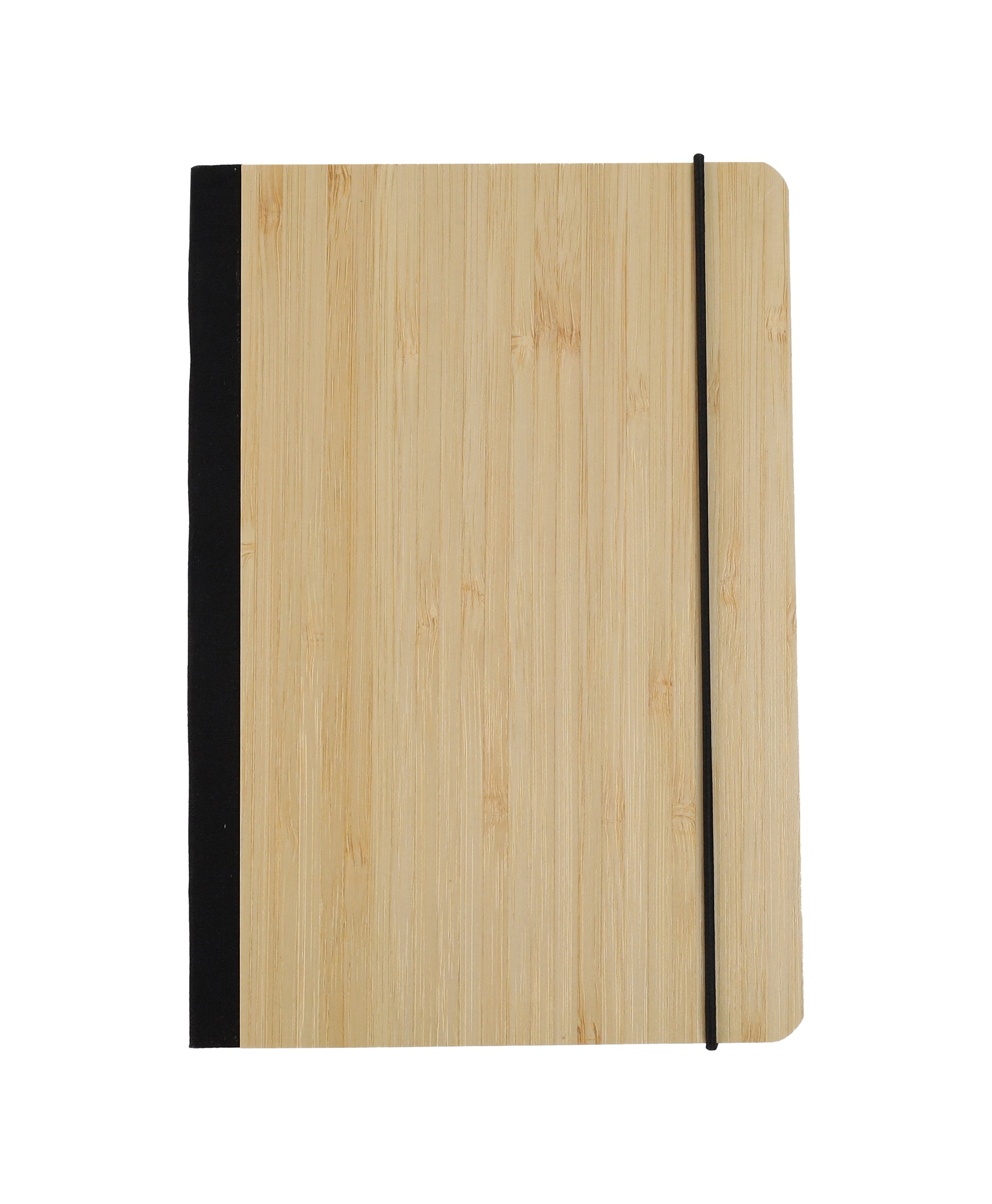 Bamboo Notebook with natural wood cover, black spine, and elastic band for secure closure on white background