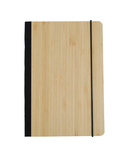 Bamboo Notebook with natural wood cover, black spine, and elastic band for secure closure on white background