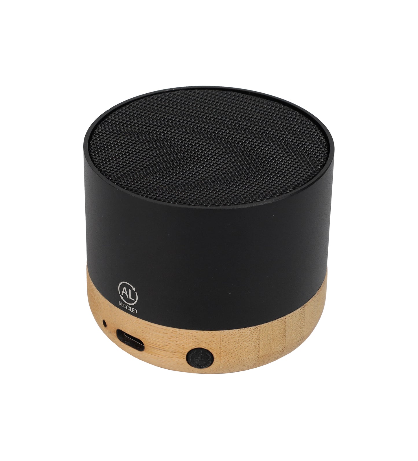 Compact black and bamboo wireless Bluetooth Bamboo Speaker with power button and charging port visible