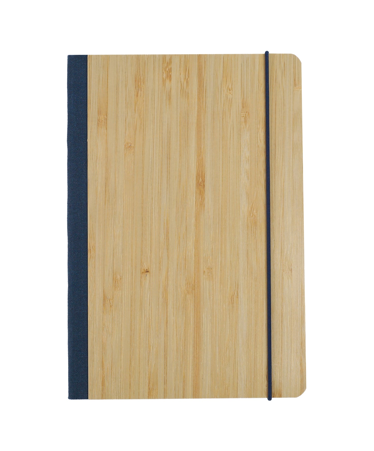 Bamboo Notebook with smooth wooden cover, black spine, and elastic band for secure closure and stylish look